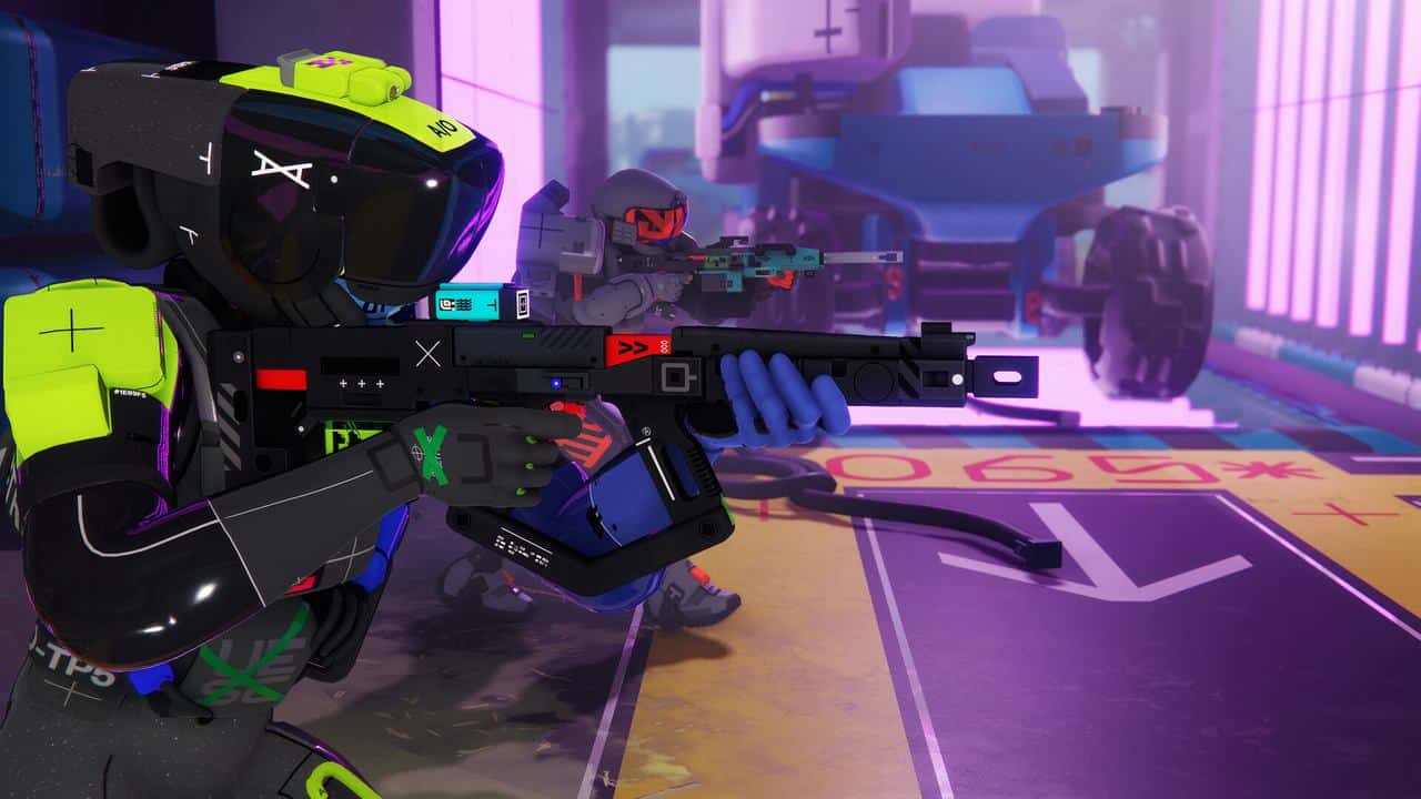 Futuristic soldiers in colorful armor aiming rifles inside a neon-lit sci-fi setting, ready for action.