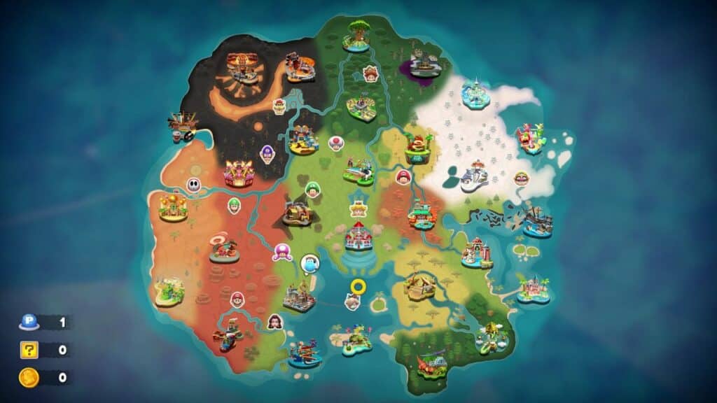 Colorful illustrated map divided into regions with icons, landmarks, and a Mario Kart World-inspired game interface overlay.