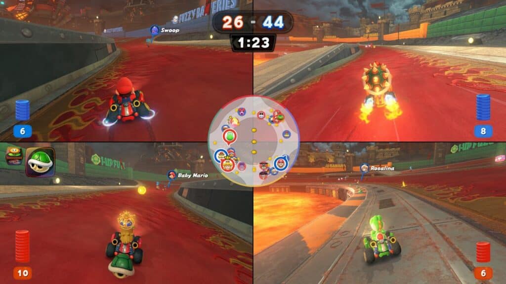 Split-screen Mario Kart World battle with four players racing on a lava-themed track, score is 26-44, timer at 1:23.