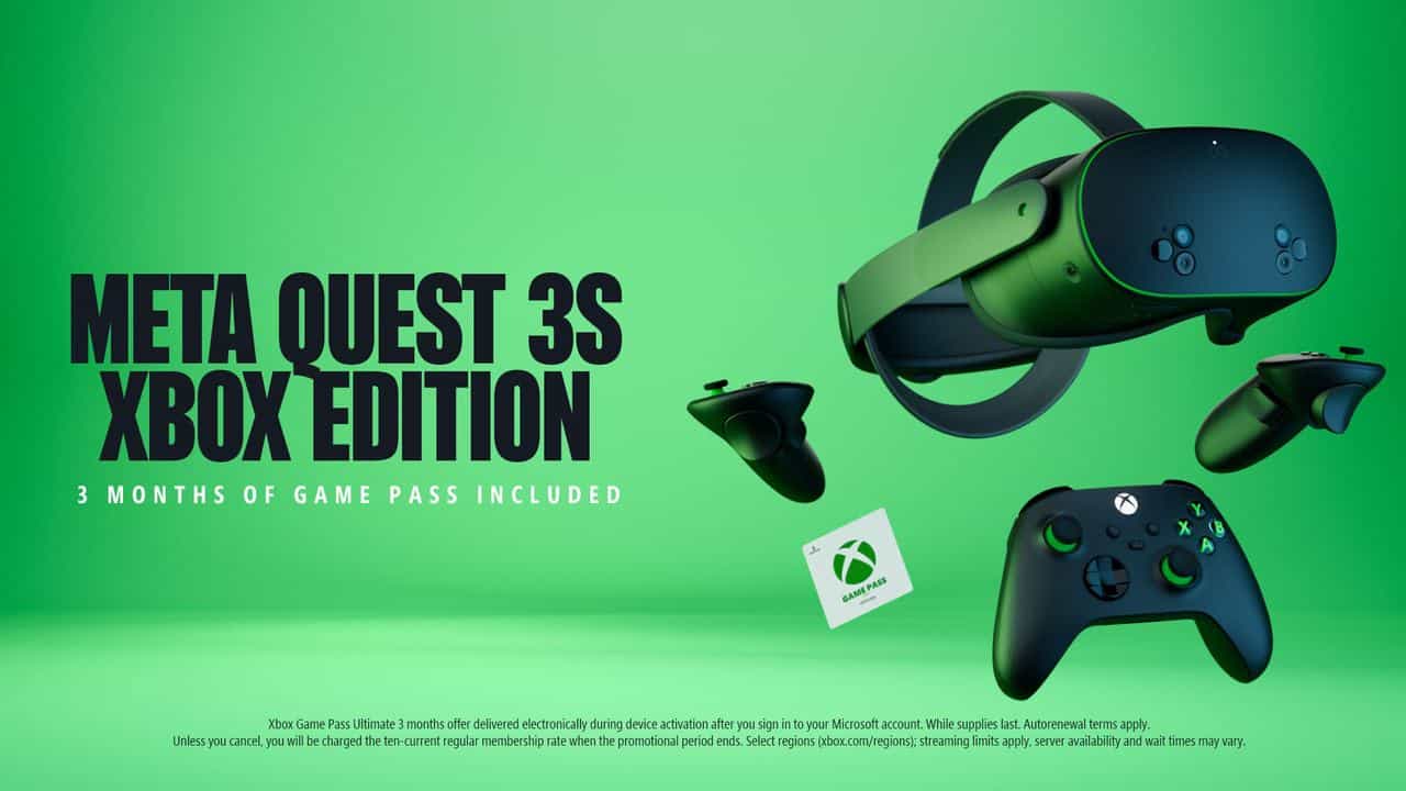 Meta Quest 3S Xbox Edition headset, controllers, Xbox controller, and Game Pass card displayed on a green background.