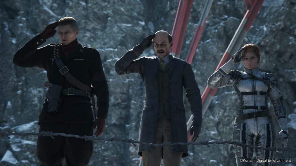 Three characters in military and formal attire stand side by side, saluting in front of a rocky background.