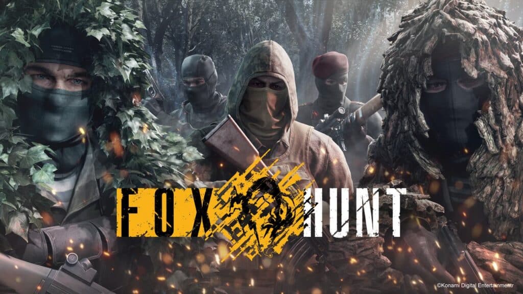 Five masked soldiers in camouflage gear stand in a forest with "FOX HUNT" text overlayed.