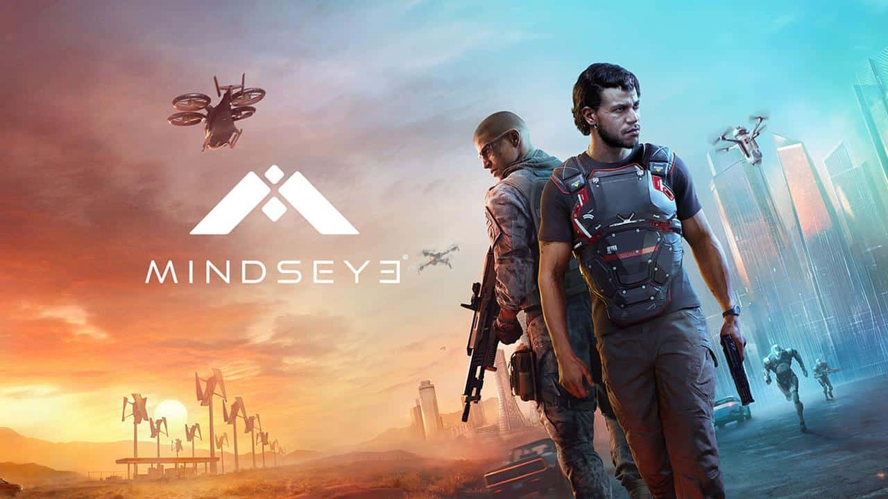 Two armed men stand back-to-back amid drones and a futuristic cityscape, with the bold "Mindseye" logo above them.