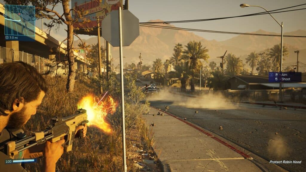 A Mindseye video game scene shows a character firing a rifle on a sunlit suburban street with mountains in the background.