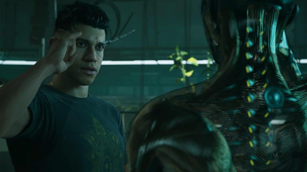 A young man faces a futuristic, metallic humanoid figure in a dimly lit room with plants, their encounter illuminated by the shimmering glow of the Mindseye.