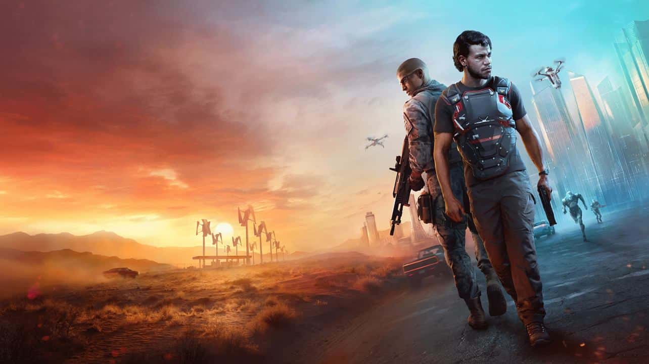 Two armed men stand back to back, dividing a desert sunset and a futuristic city with drones flying overhead—a striking Mindseye vision of worlds colliding.