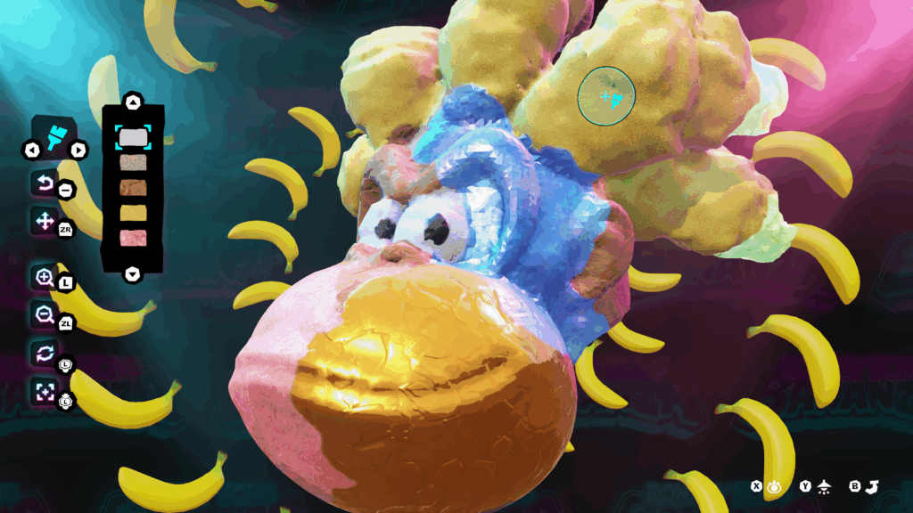 A colorful, clay-like monkey head with a big yellow cheek and banana shapes floating around it, inspired by the whimsical style of Donkey Kong Bananza Direct.