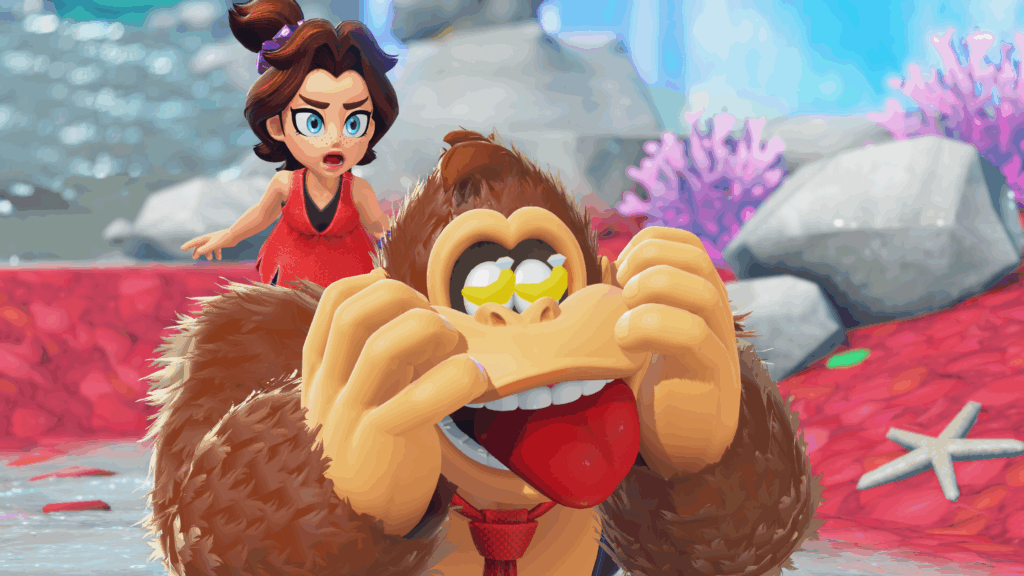 A surprised woman in red stands behind a goofy gorilla making a silly face outdoors, as if they're caught in the middle of a Donkey Kong Bananza Direct adventure.