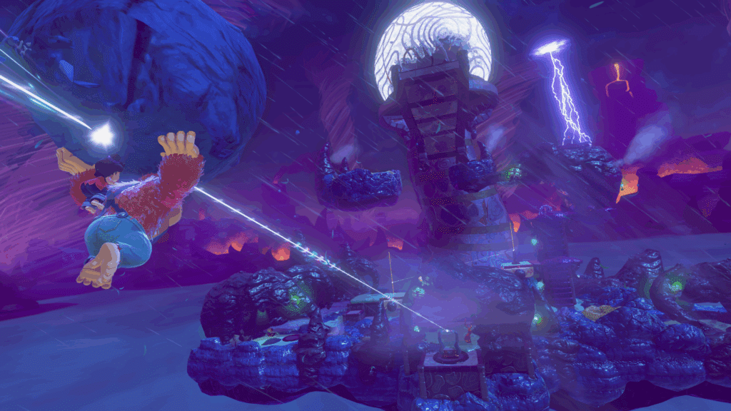 A character swings on a blue rope towards a glowing tower in a vibrant, stormy fantasy landscape, echoing the excitement of Donkey Kong Bananza Direct.