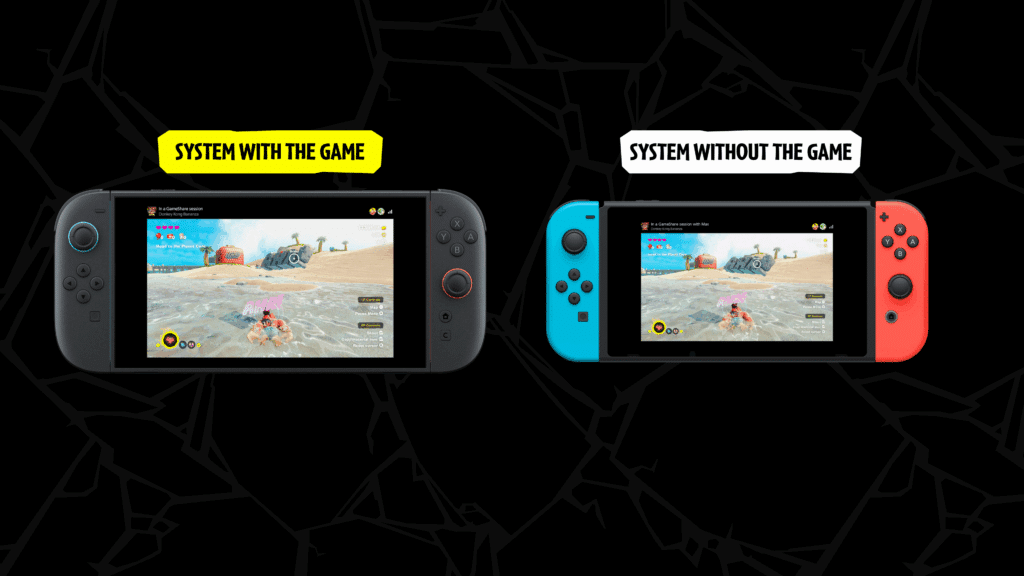 Two Nintendo Switch consoles playing Donkey Kong Bananza, labeled "system with the game" and "system without the game," are shown side by side—perfect for gearing up before the Donkey Kong Bananza Direct.