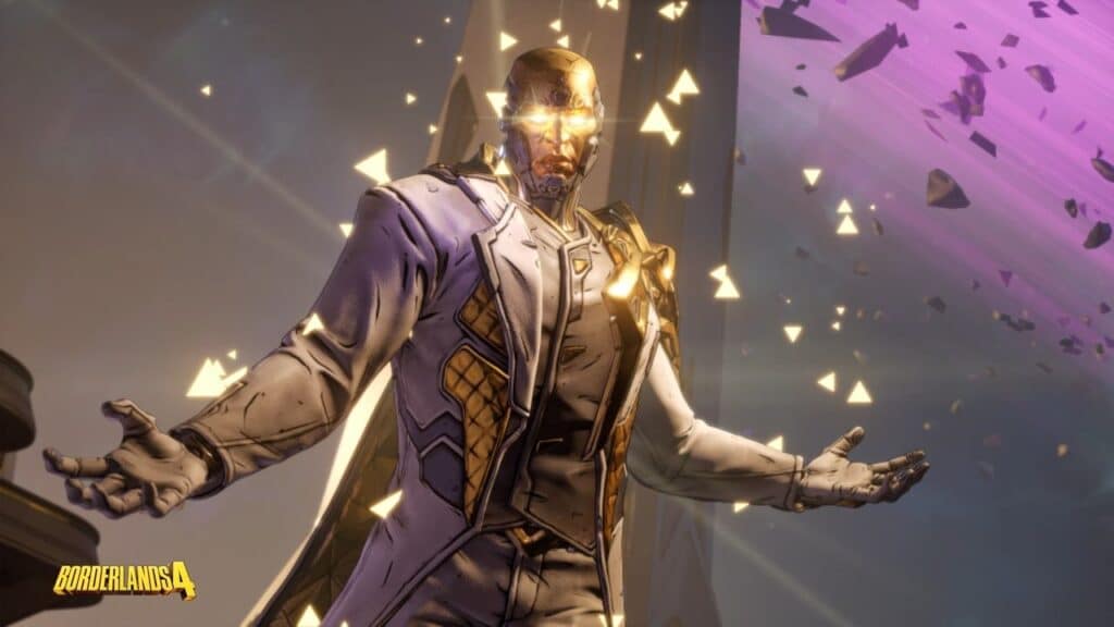 The Time Keeper stands with arms outstretched amid floating golden shards, as the Borderlands 4 Story Trailer logo shines in the background.