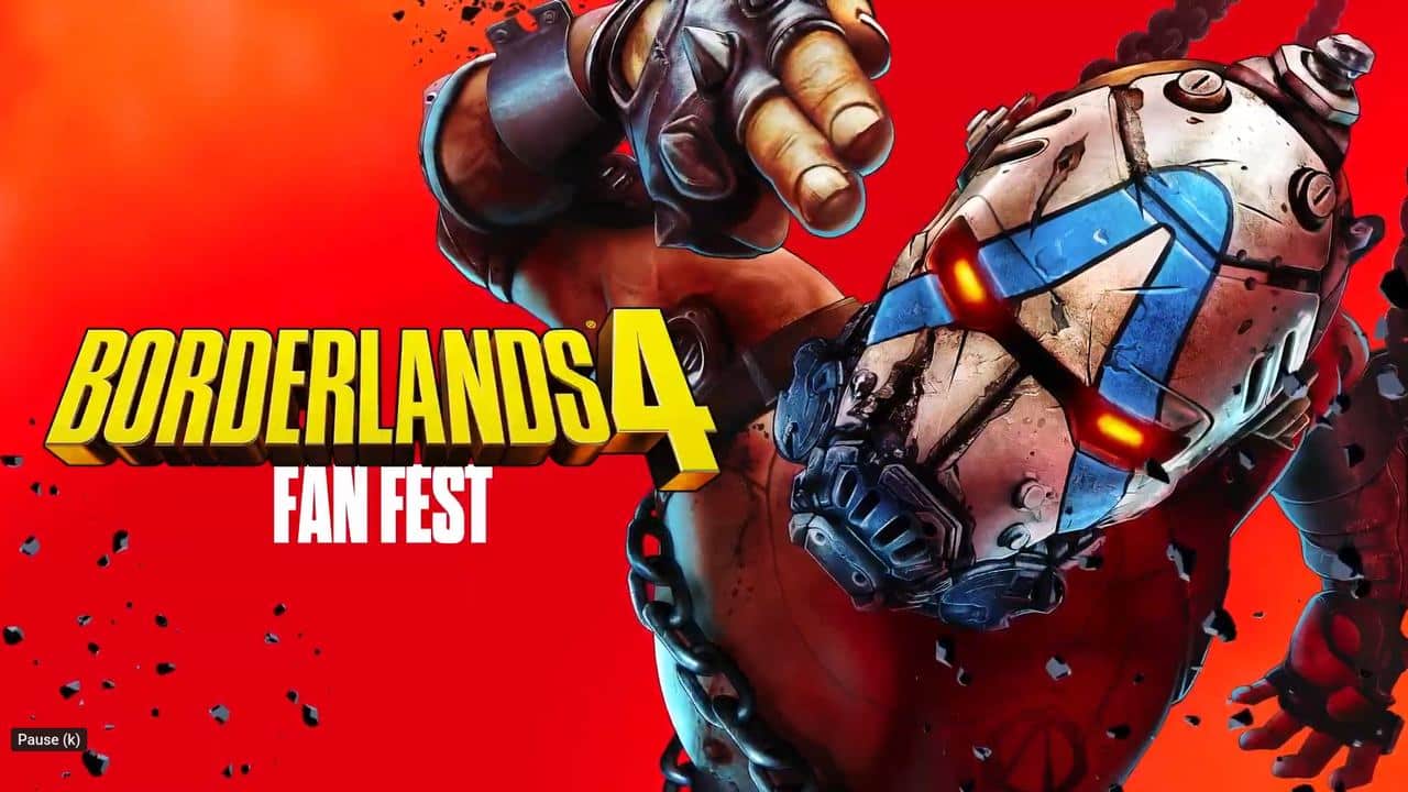 Borderlands 4 Fan Fest promo featuring a masked character reaching forward on a bright red background, celebrating the excitement of the upcoming Borderlands 4 Story Trailer.
