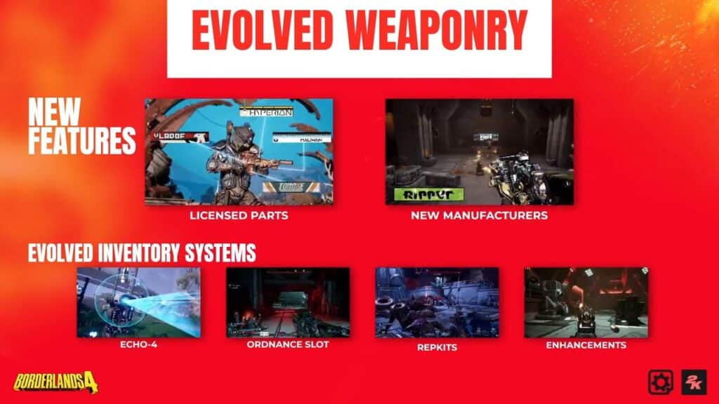 Borderlands 4 slide featuring evolved weaponry and upgraded inventory systems, showcased through gameplay images from the new Borderlands 4 Story Trailer.