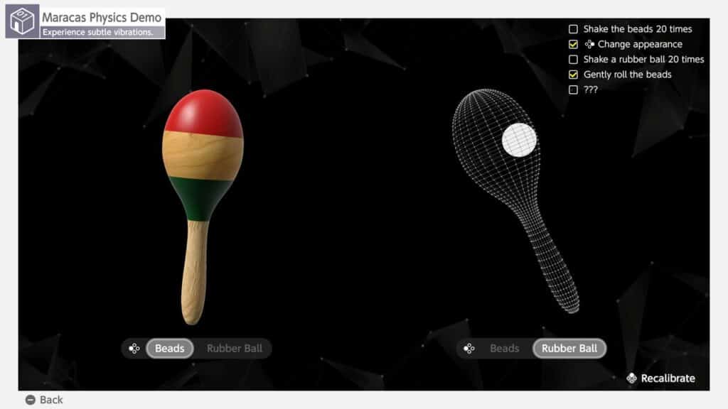 A maraca is shown on the left; a wireframe racket with a ball is on the right. Menu options appear on the side.