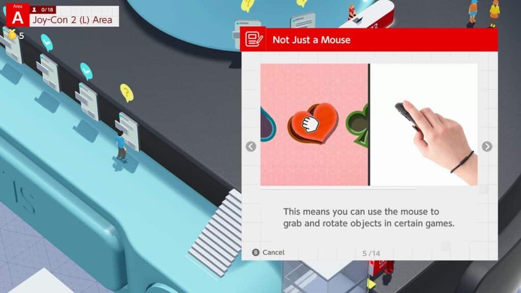 Game tutorial screen showing how to use a mouse to grab and rotate objects, with images of a mouse cursor and a hand—perfect for the Nintendo Switch 2 Welcome Tour.