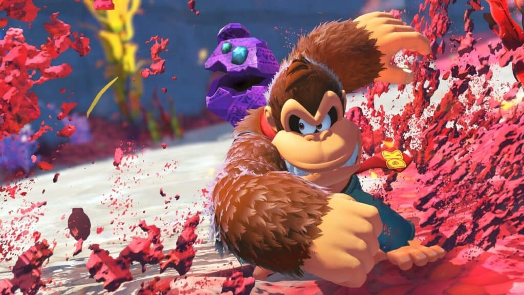 Donkey Kong runs through red crystal shards, looking determined in a vibrant, action-filled scene inspired by the excitement of Nintendo Switch 2 adventures.