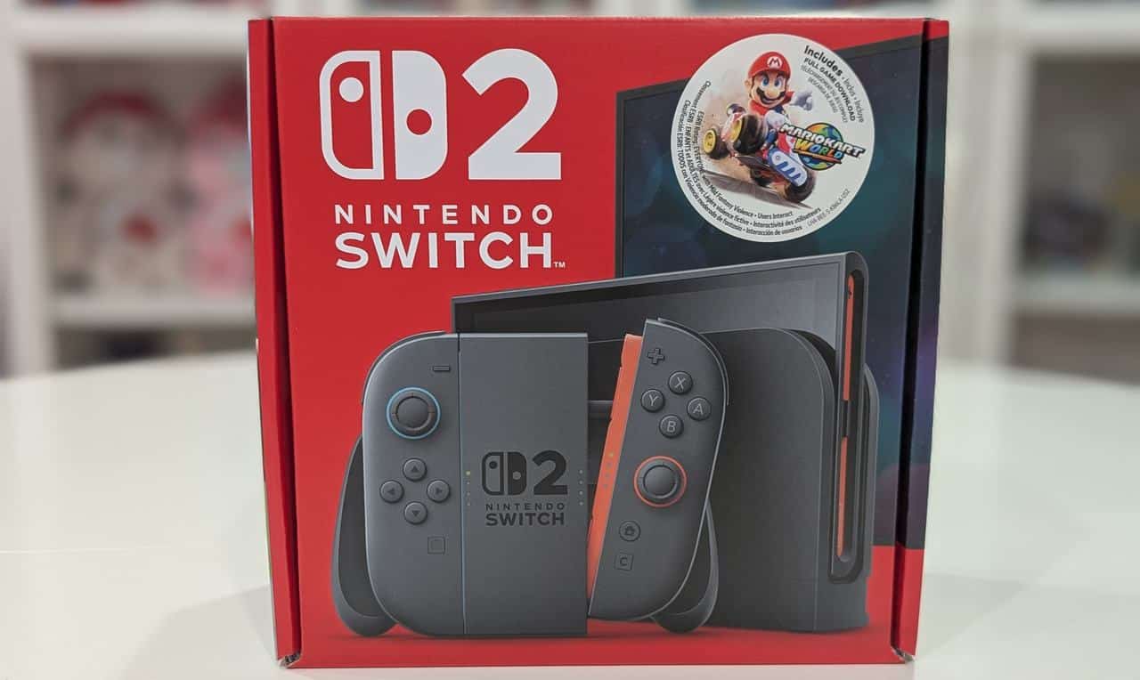 Nintendo Switch 2 console box featuring Mario Kart 8 Deluxe artwork, complete with vibrant red and gray Joy-Con controllers.