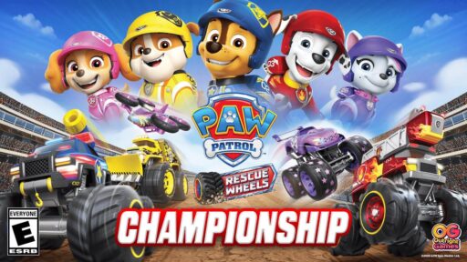 PAW Patrol pups in racing gear zoom alongside monster trucks on a racetrack, with “PAW Patrol Rescue Wheels: Championship” displayed at the bottom.