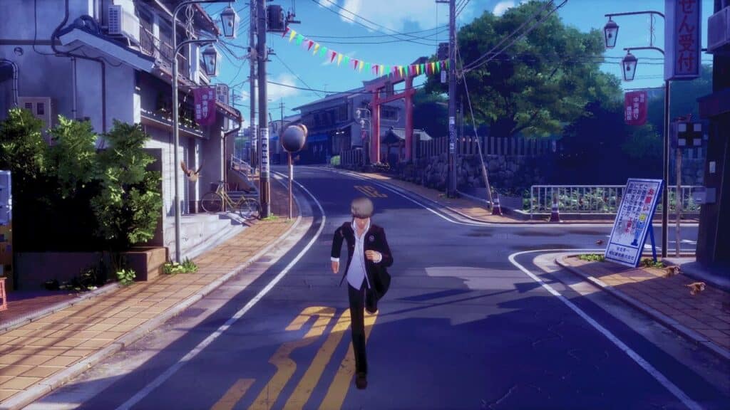 An anime-style boy walks down a sunny, empty street with shops, trees, and a red torii gate in the background, evoking the nostalgic charm of Persona 4 Revival.