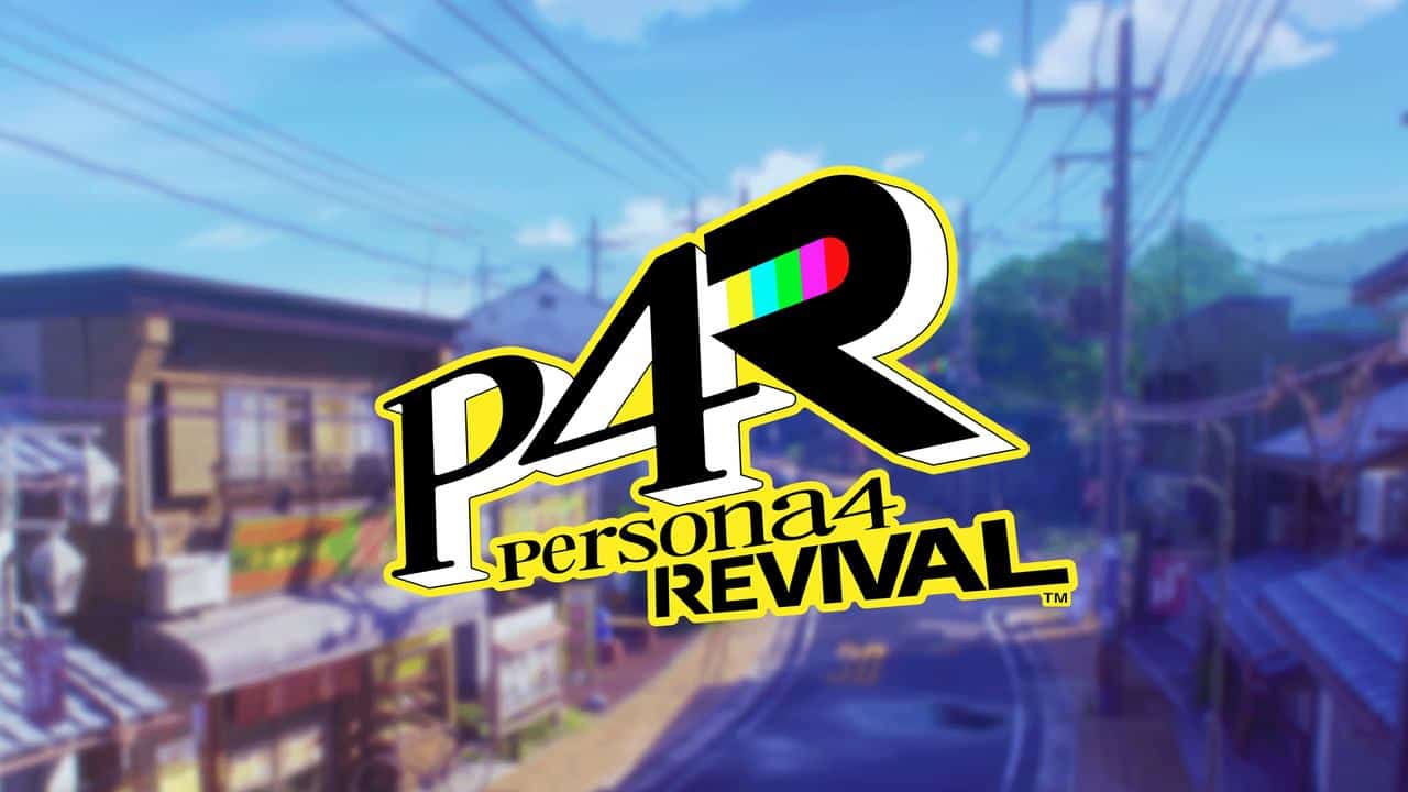 Logo for Persona 4 Revival displayed over a blurred, sunny street scene with houses and power lines, capturing the nostalgic atmosphere of Persona 4 Revival.