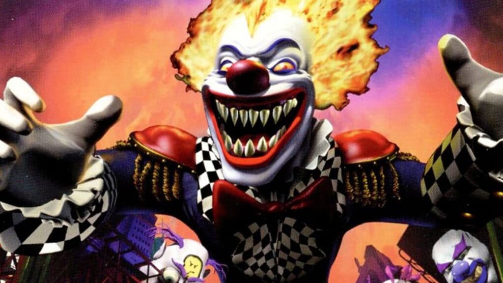 Evil clown with flaming hair, sharp teeth, and a checkered outfit lunging forward with a menacing grin—perfect for fans of horror-themed upcoming PS5 games.