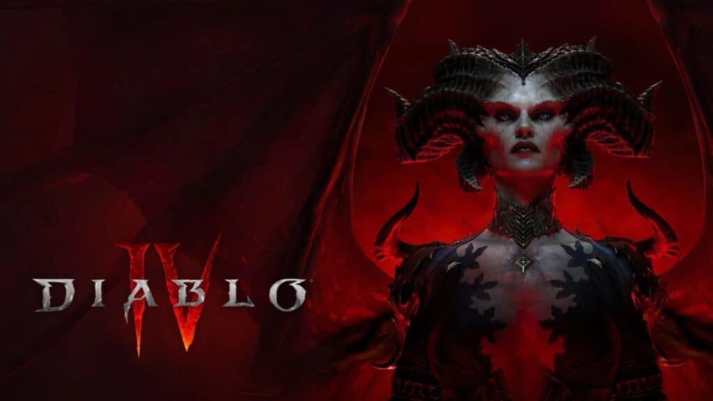 Dark, demonic female figure with horns and red light behind her; "Diablo IV" logo on the left.