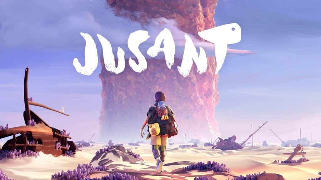 A person with a backpack walks toward a tall rock tower in a desert, with "JUSANT" written above.