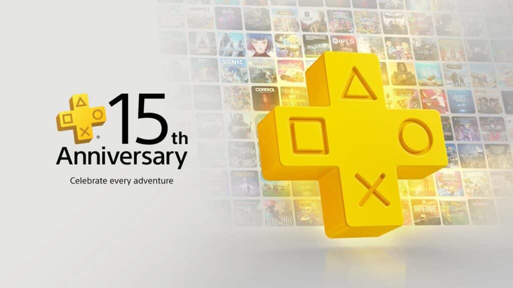 PlayStation Plus 15th Anniversary logo with yellow icons, game covers blurred in the background.