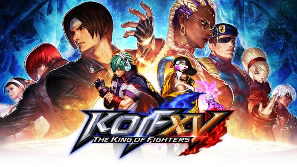Colorful illustration of King of Fighters XV characters posing with the game logo in the center.
