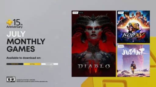 Promo for PlayStation Plus July 2025 monthly games: Diablo IV, KOF XV, and Jusant, for PS4 and PS5.
