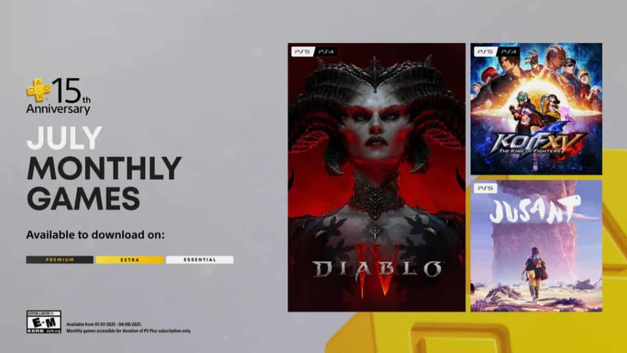 Promo for PlayStation Plus July 2025 monthly games: Diablo IV, KOF XV, and Jusant, for PS4 and PS5.