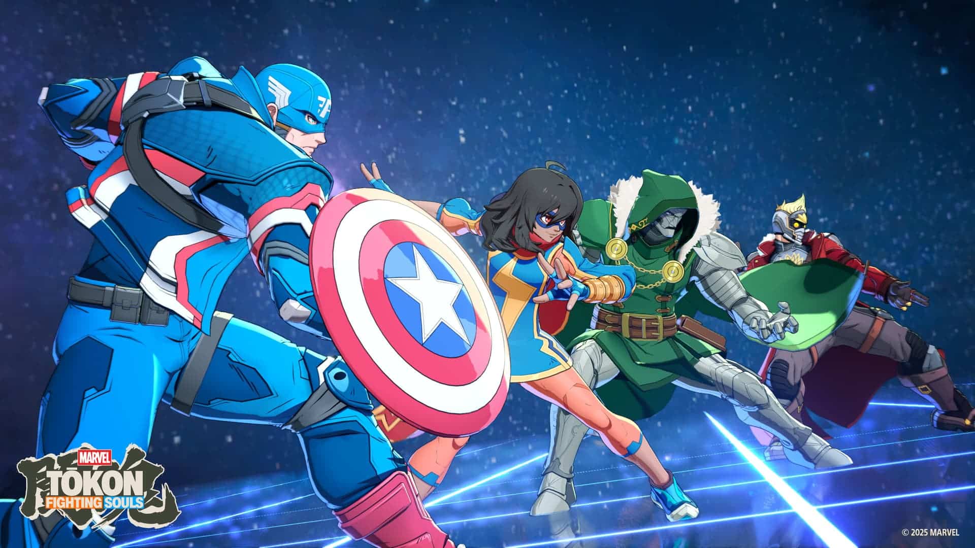 Four Marvel characters in dynamic poses on a glowing grid with a starry background, capturing the excitement of upcoming PS5 games.