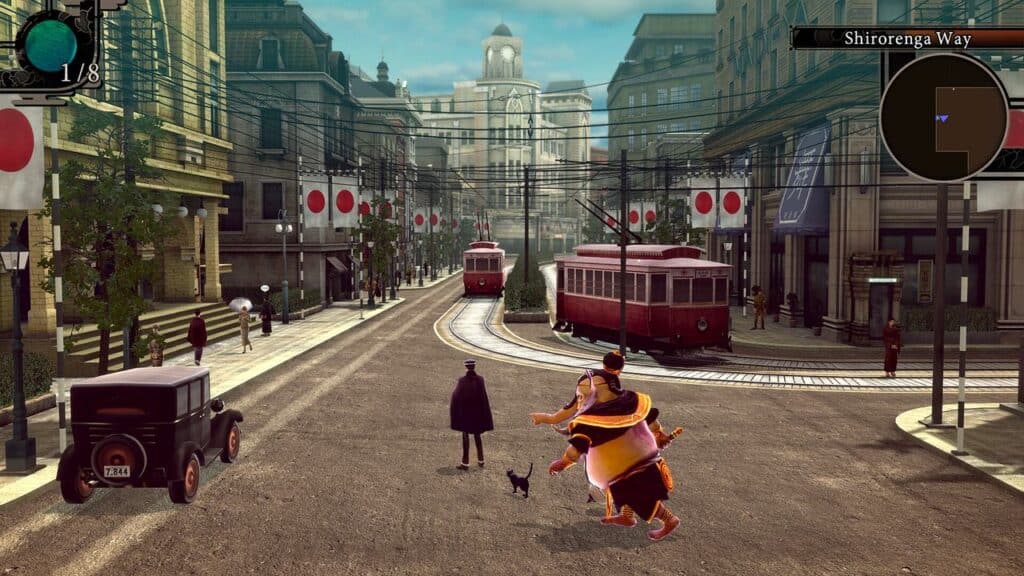 A street scene with red trams, vintage cars, Japanese flags, and animated characters on the road, inspired by RAIDOU Remastered: The Mystery of the Soulless Army.