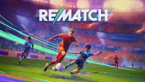 A soccer player in red dodges a tackle from a blue-clad defender, as the word "Rematch" looms above, hinting at an intense rivalry.