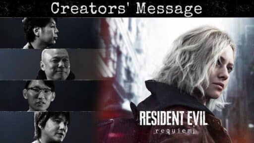 Split image: four creators on the left, a blonde woman on the right, text reads “Creators Message Resident Evil Requiem.”.