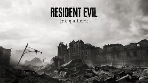 Ruined cityscape in grayscale with "Resident Evil: Requiem" title above the destruction, evoking the haunting tone seen in Resident Evil Requiem early impressions.