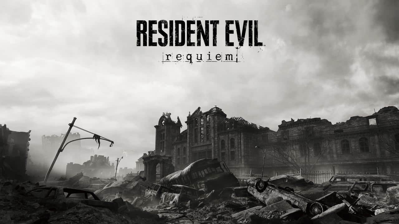 Ruined cityscape in grayscale with "Resident Evil: Requiem" title above the destruction, evoking the haunting tone seen in Resident Evil Requiem early impressions.