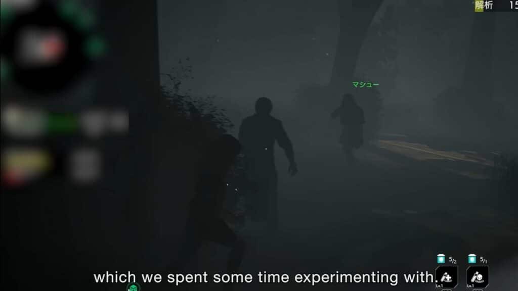 Three shadowy figures move through a dark, foggy forest in Resident Evil Requiem; subtitle reads, "which we spent some time experimenting with.