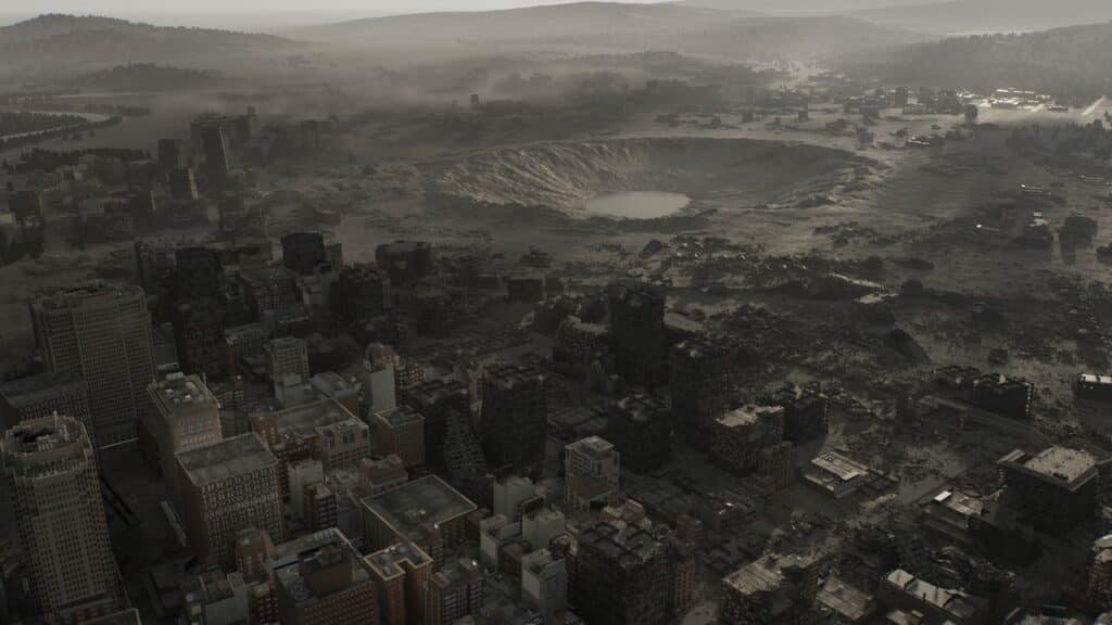 A city lies in ruins near a massive crater, with buildings destroyed and smoke rising in the distance—an apocalyptic scene reminiscent of the Resident Evil Requiem trailer.