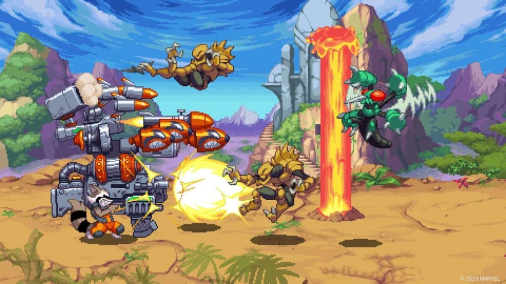Four animal superheroes battle a robot in a colorful, animated desert landscape with mountains, inspired by the action-packed style of the MARVEL Cosmic Invasion trailer.