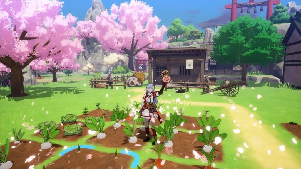 Anime-style character stands in a vibrant garden with blooming cherry blossoms and vegetables growing, inspired by Rune Factory: Guardians of Azuma.