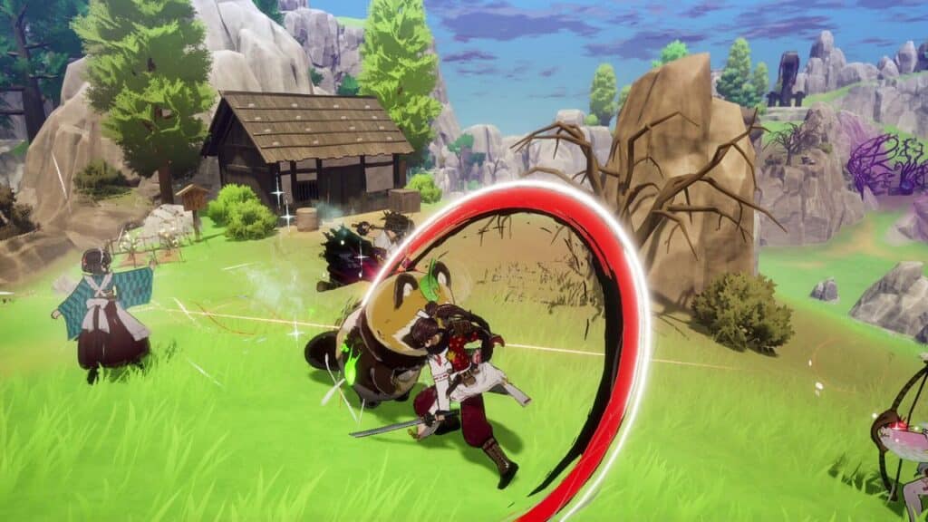 Anime-style warriors battle with swords and magic in a vibrant, grassy landscape near a small wooden house, reminiscent of Rune Factory: Guardians of Azuma.
