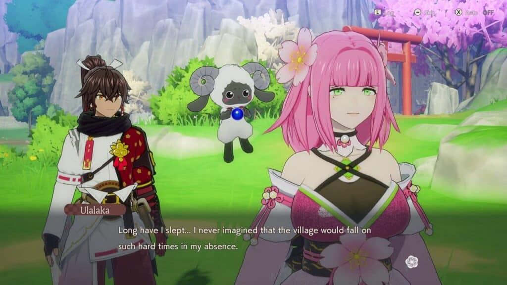 A pink-haired woman, a man in red, and a floating sheep stand in a vibrant, colorful village scene inspired by Rune Factory: Guardians of Azuma.