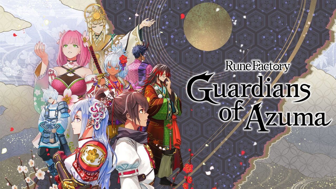 Anime-style characters in colorful outfits stand together under a gold moon; text reads "Rune Factory: Guardians of Azuma.