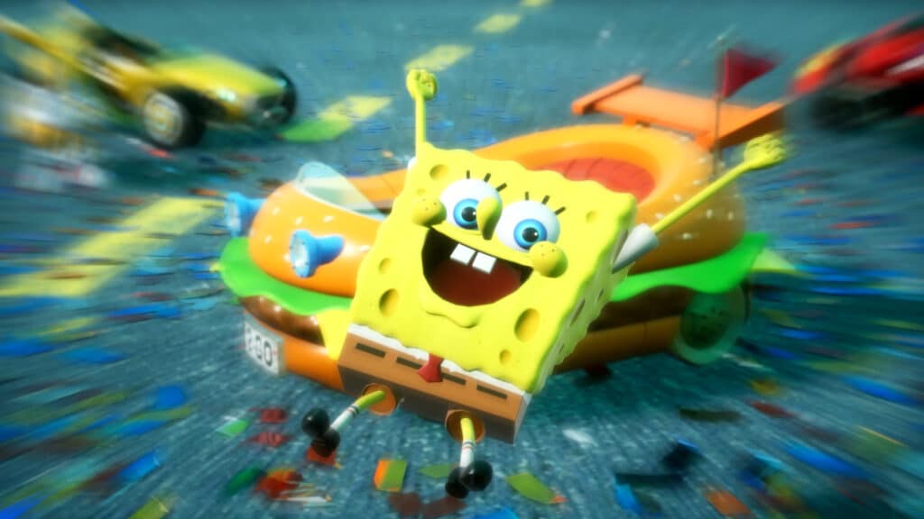SpongeBob excitedly celebrates in front of a colorful car with confetti flying around him, bringing Nickelodeon fun to a Sonic Racing: CrossWorlds adventure.