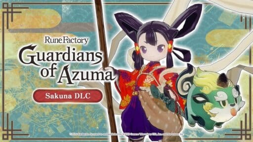 Anime girl in red kimono holds a staff, with "Rune Factory: Guardians of Azuma Sakuna DLC" text displayed.