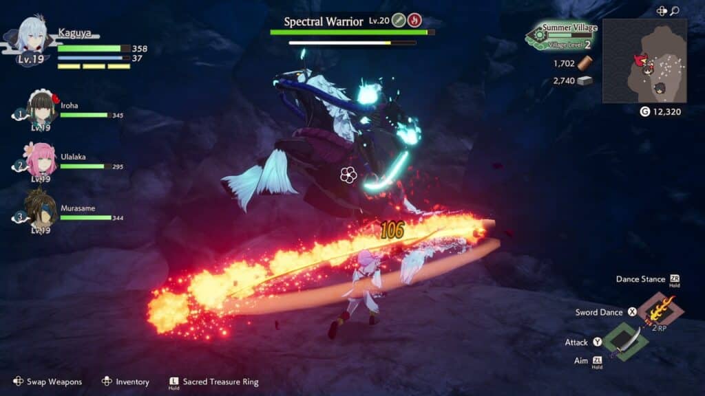 A warrior, wielding a fiery sword, attacks a glowing beast in a fantasy video game battle scene reminiscent of Rune Factory: Guardians of Azuma Sakuna DLC.