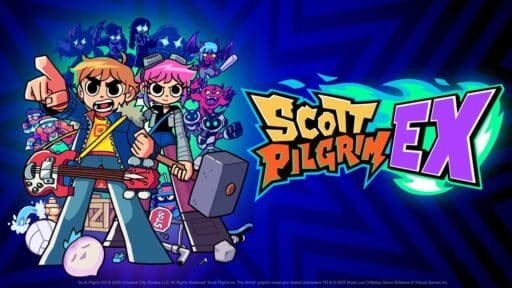 Cartoon characters with instruments and weapons pose in front of the vibrant Scott Pilgrim EX logo, ready for adventure.