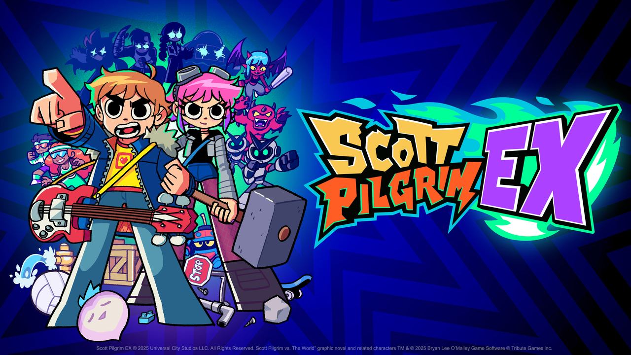 Cartoon characters with instruments and weapons pose in front of the vibrant Scott Pilgrim EX logo, ready for adventure.