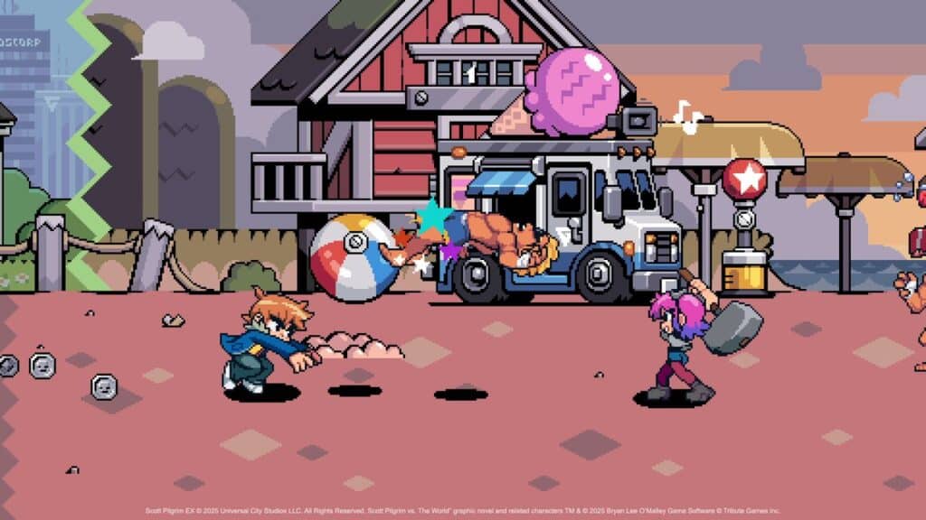 Two cartoon characters battle in front of a house, food truck, and beach, as a giant beach ball soars overhead in a scene inspired by Scott Pilgrim EX.
